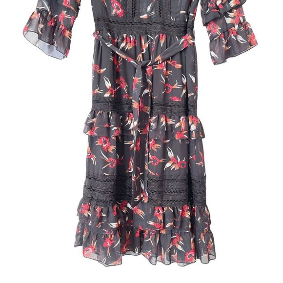 O.P.T Size M Floral Tiered Midi Dress Ruffle Sleeves Crochet Lace Flowy Formal - Picture 3 of 10